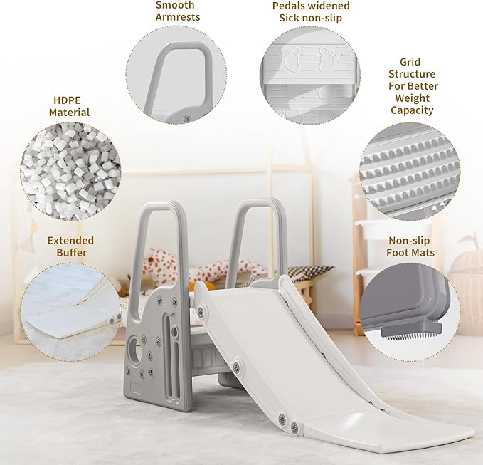 3 in 1 Toddler Large Play Climber Slide PlaySet with Extra Long Slipping Slope Indoor Kids Slide Toddler Playground Toddler Slide Outdoor Toys for Toddlers (Gray)