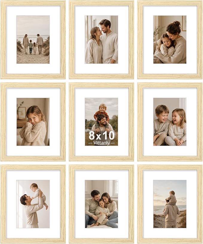 Vittanly 8x10 Picture Frames Set of 9, Shatter Resistant Plexiglass, Display 5x7 Pictures with Mat or 8x10 without Mat, Photo Frames for Wall or Tabletop, Engineered Wood, OAK
