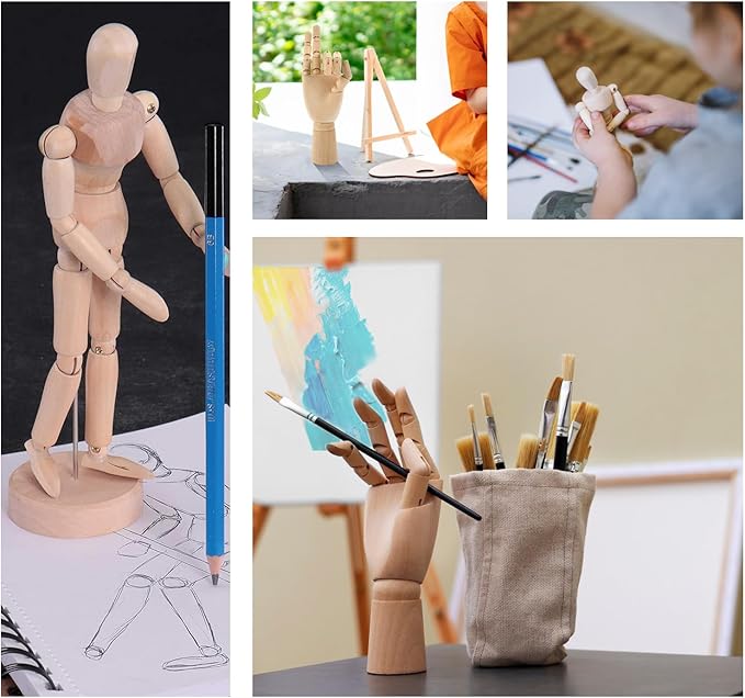 2 Pack 8" Drawing Mannequin,7" Little Hand Model,Artists Wooden Drawing Figure Animation Dolls Figure Supplies Stop Motion Art Manikin Poseable Drawing Tools for Decor,Painting,Sketching,Gifts