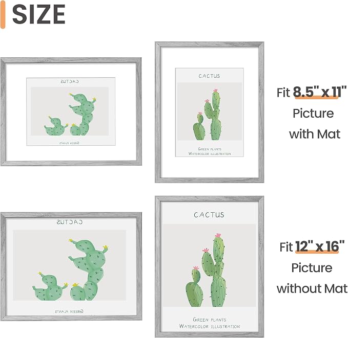 upsimples 12x16 Picture Frame, Display Pictures 8.5x11 with Mat or 12 x 16 Without, Wall Hanging Poster Frames, Gray, 1 Pack
