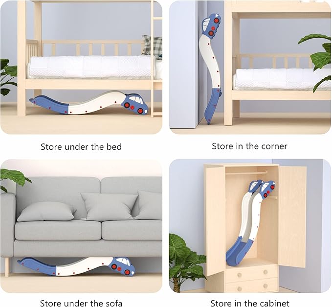 Toddler Slide for Bed Couch for Stairs Slide Extended Widened Plastic Indoor Toy Easy to Assemble Store Car Blue Plus