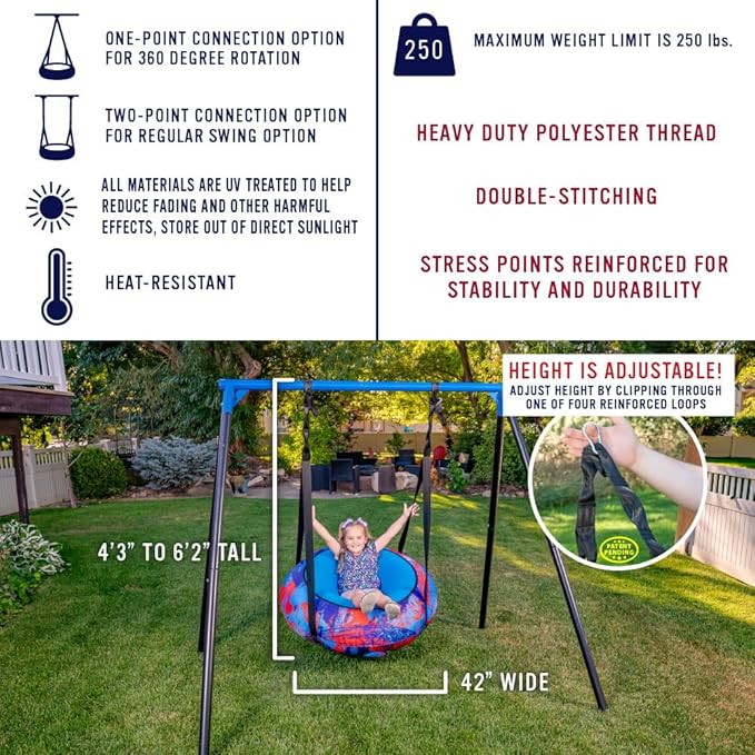 AIR Swing Giant 42” Inflatable Heavy Duty Saucer Swing Indoor Outdoor Playground, Jungle Gym, or Tree Ages 3+ UV-Protected Cover Durable Tube-Frame Adjustable Hanging Straps Carabiners - Blue/Red