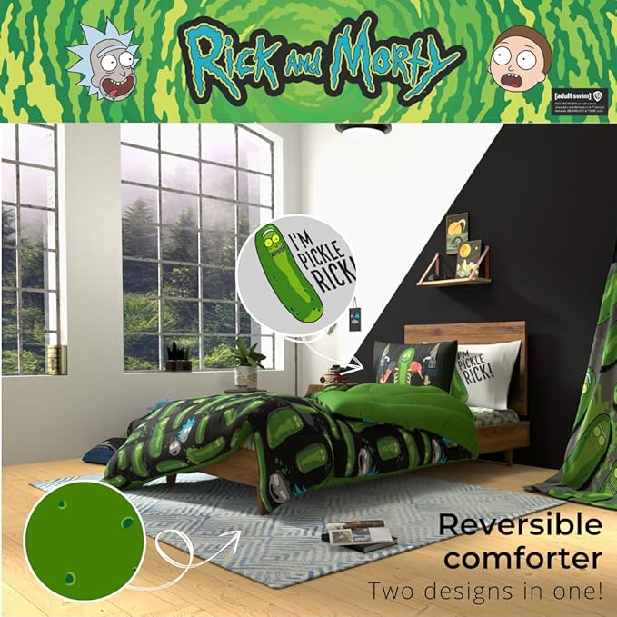 Rick & Morty Bedding 7 Piece Super Soft Cozy Reversible Comforter and Sheet Set with Sham, Queen, (Officially Licensed Product) By Franco