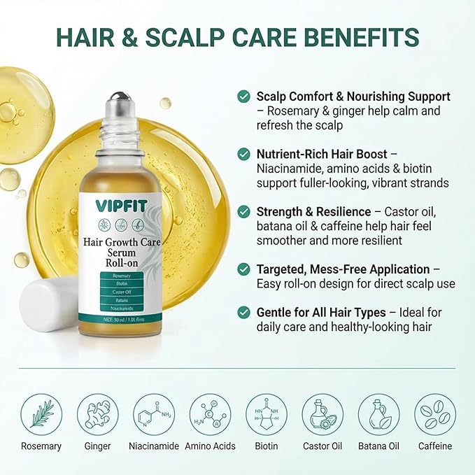 Hair Growth Care Serum Roll-On with Rosemary, Niacinamide, Amino Acids, Ginger, Biotin, Castor Oil, Batana & Caffeine, Nourishes Scalp for Thicker-Looking, Healthy Glow Hair, 30ml