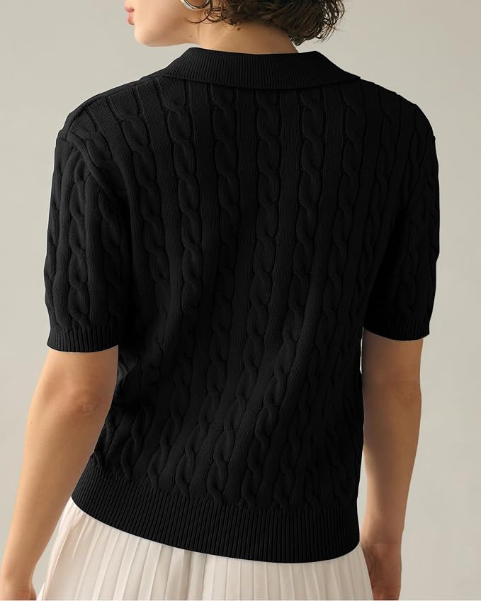 Imily Bela Womens Cable Short Sleeve Sweaters Tops Lapel V Neck Knit Shirt | Solid,Knit Casual,Soft Pullover,Fall Sweaters,Womens Summer Work Tops