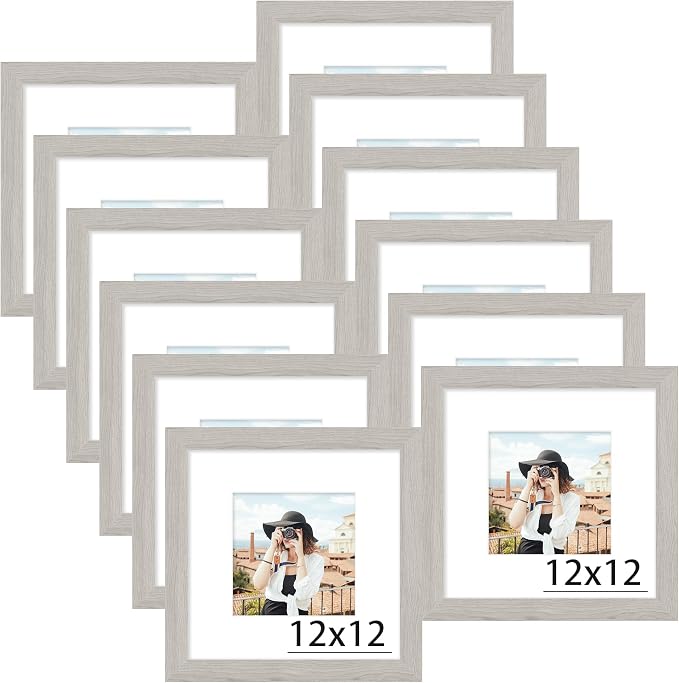 Picrit 12x12 Picture Frame Set of 12, Display 8x8 with Mat or 12 x 12 without Mat, Photo Frames for Wall Mounting Display, Gray