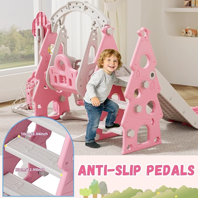 XJD 6-in-1 Toddler Slide and Swing Set, Kids Slide for Toddlers Age 1+, Toddler Outdoor Playset with Basketball Hoop, Football Frame, Swing, Christmas Birthday Gifts for Kids (Light Pink)