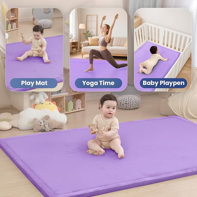 Baby Play Mat for Floor,1.3" Thick Elasti-Foam 50x50 Playpen Mat for Toddlers Infant kids,Water-Repellent Soft Coral Velvet for Tummy Time,Non-Slip Backing for Crawling,Tatami Style(Lavender)