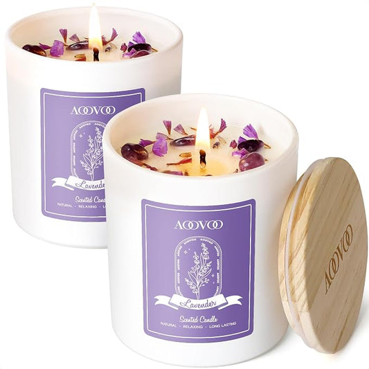 AOOVOO Lavender Scented Candle Set 2 Pack - Aromatherapy Candle with Crystals Inside, 20oz Soy Candles for Home Scented, Birthday Gifts Mothers Day Candle for Women Mom