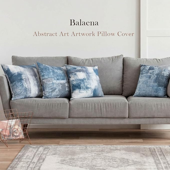 Set of 4 Blue and Grey Abstract Art Artwork Pillow Cover 20 x 20 Inch, Gallery Modern Decorative Throw Pillows Cushion Cover for Bedroom Sofa Living Room | Double-sided vibrant artwork accent cushion covers. Perfect decorative pillows for couch, sofa, ...
