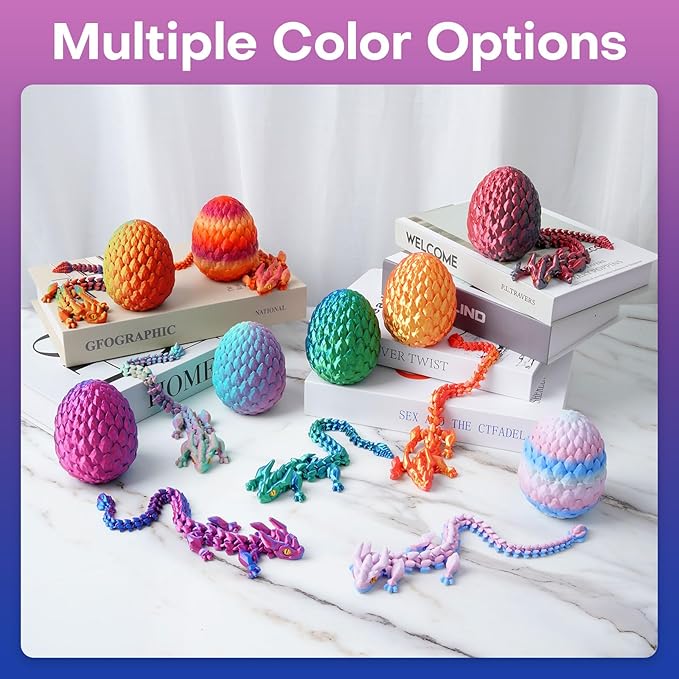 FYEFKJSA 3D Printed Dragon Eggs with Dragon Inside - 12Inch,Articulated Fidget 3D Printed Animals, Interesting Decorative Gift, Easter Basket Essentials Stuffers (Laser Purple)