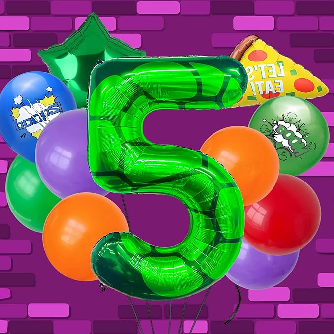 11Pcs Cartoon Turtle Theme Birthday Decorations 40 Inch Number 5 Foil Balloons Super Green Turtle Themed Hero Large Mylar 5th Number Balloon Video Game Pizza Balloons Party Favors Red