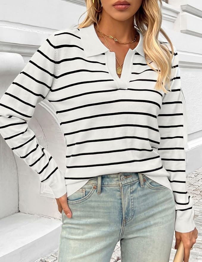 Women's Long Sleeve Classic V Neck Casual Fall Winter Polo Sweater Tops | Basic Collared Knitted Fashion Work Business Formal Daily Wear Versatile Pullover Shirts