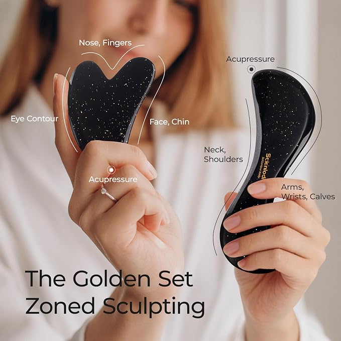 Scienlodic 2 Pcs Gua Sha Massage Tools for Face & Body (Black Gold, Resin) - Guasha Scraping Tool for Jawline Contouring, Puffiness Reduction, Neck, Shoulders, Arms & Calves Relaxation