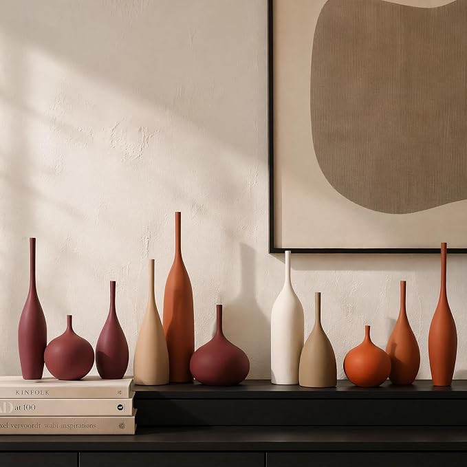 Ceramic Vases Set of 3, Modern Boho Vases for Centerpiece Decor, Matte Burgundy Minimalist Decorative Vases for Home Decor, Living Room, Bookshelf, and Entryway Table Decor
