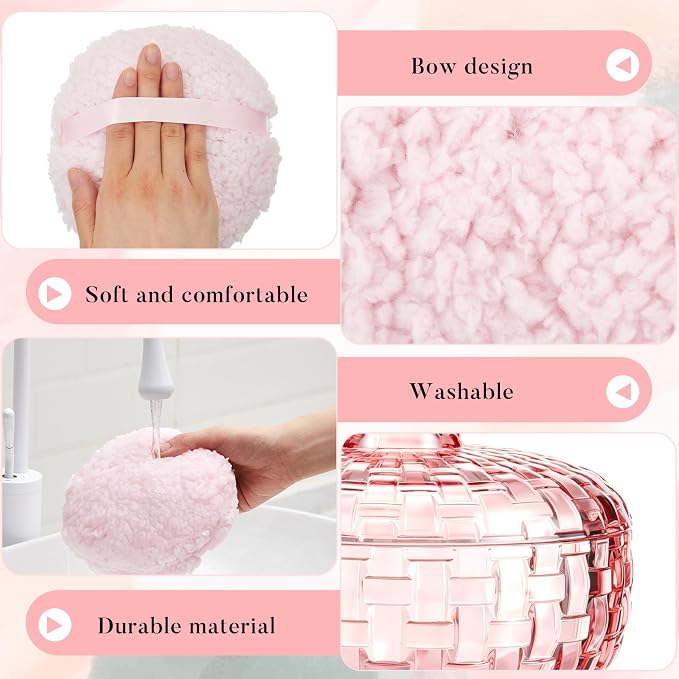 Tioncy 2 Set Extra Large Body Powder Puff and Container, 6'' Washable Vintage Decorative Crystal Powder & Container Gift for Bathroom Counter & Feminine Vanity Decor(Weave Design,Pink and Clear)