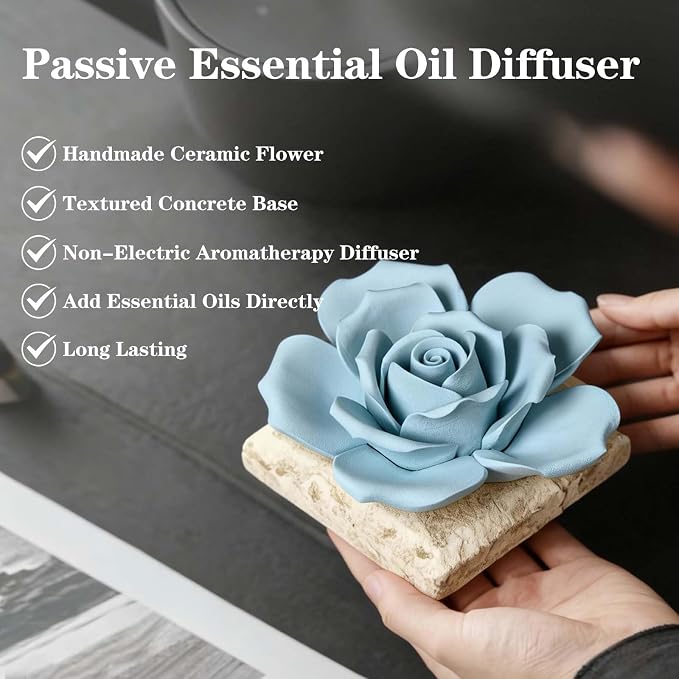 Ceramic Passive Essential Oil Diffuser, Aesthetic Desktop Handmade Flower & Concrete Base, Porcelain Aromatherapy Oils Diffuser for Home, Office, Yoga, Spa Room (Blue Rose)
