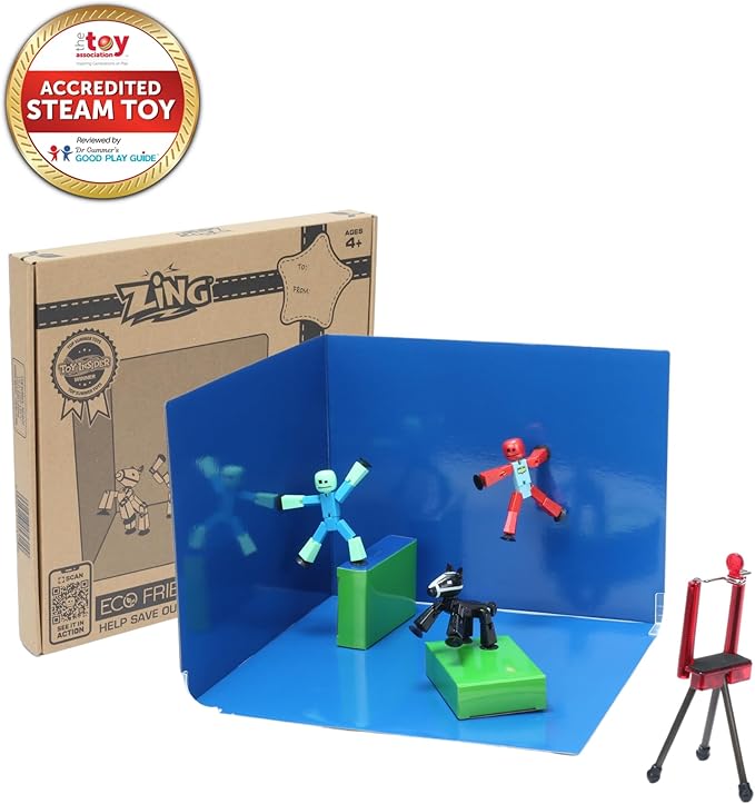 STIKBOT Zing Zanimation What The Bot Special Action Figures and Animation Set, Includes 3, 1 Mobile Phone Tripod and 2-in-1 Stage, Stop Motion Animation, Great for Kids Ages 4 and Up