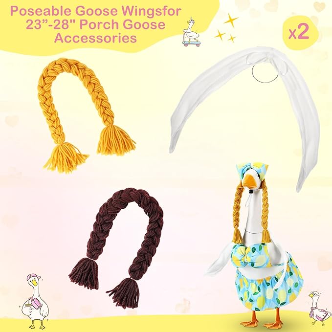 4 Pcs Poseable Goose Wings with Wigs Porch Goose Outfit Accessories Cute Goosey Braid Wigs White Poseable Wings for 23/17'' Outdoor Patio Yard Lawn Art Decoration(Farmhouse)