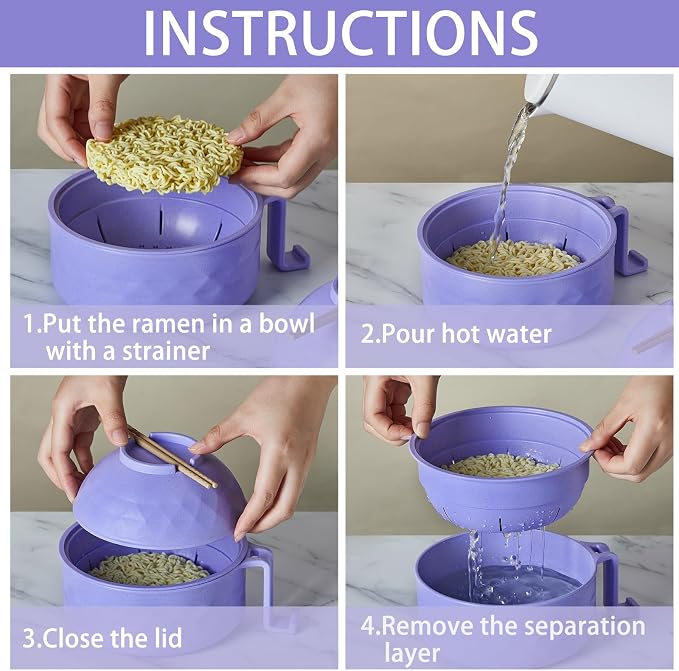 1 Set Microwave Ramen Cooker 40oz Wheat Straw Microwave Noodle Bowl Set with Chopsticks, Spoon, Fork, College Dorm Office Apartment Essentials (Purple)