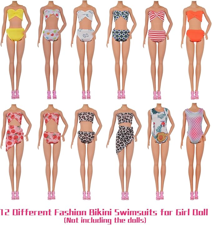 42Pcs Doll Clothes and Swimming Accessories for 12 inch Boy and Girl Dolls Includes Bikini Swim Suit Swim Trunks Skateboard Lifebuoys Chair Diving Swimming Sets for 12 inch Doll Beach Style
