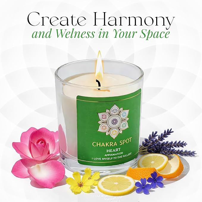 Scented Candles - Heart Chakra Candle, Compassion, Trust & Love Energy Candle, with Rose, Geranium, Ylang Ylang, Lavender, Lemon & Wild Orange, Beeswax & Coconut - 8oz