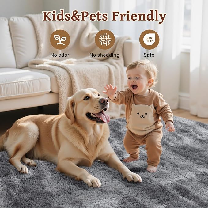 Area Rugs for Living Room 6x9 Feet, Soft Fluffy Shagg Plush Bedroom Rug Non-Slip,Large Carpet for Nursery Kids Dorm Home Decor Zebra Grey