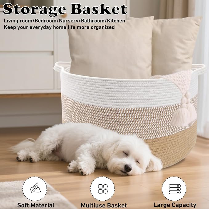 65L Large Blanket Basket, Cotton Rope Woven Laundry Basket-Yellow | Collapsible, reinforced handles, nursery storage bin organizes clothes, toys and pillows for living room, bedroom bathroom