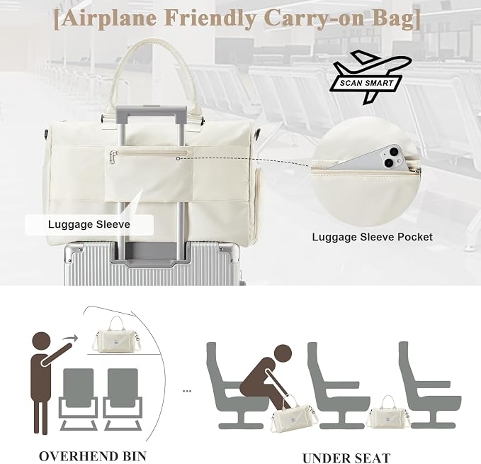 Travel Duffel Bag, Carry On Overnight Weekender Bags for Women | Travel Bag with Wet Pocket & Trolley Sleeve, For Spirit Airlines 18x14x8 Personal Item Bag