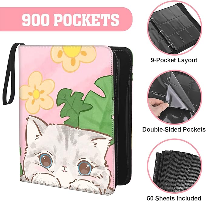Trading Card Binder for TCG, 900 Pockets, 9-Pocket Top-Loading Pages, 3-Ring Zippered Album, Acid-Free PVC-Free, Fits Standard 2.5" x 3.5", PU Cover with Wrist Strap, Cute Cat Design