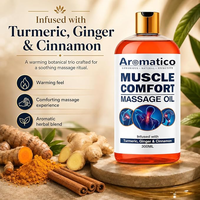 AROMATICO Muscle Comfort Deep Tissue Massage Oil - Herbal Massage Oil with Ginger, Turmeric & Clove for Joint Pain, Back Pain & Muscle Relaxing | 10 Fl Oz