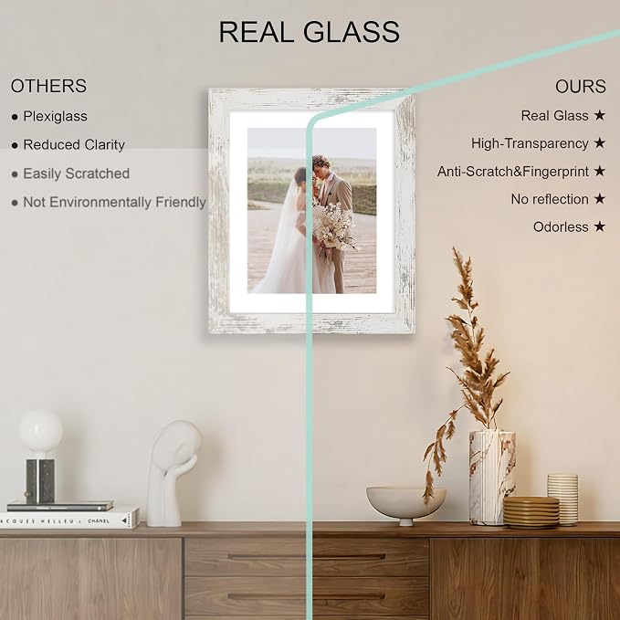 Hongkee 9x11 Picture Frame Set of 4, Made of Real Glass and Distressed White Frame - Display Picture 7x9 with Mat or 9x11 Without Mat, 9 by 11 Photo for Wall or Tabletop