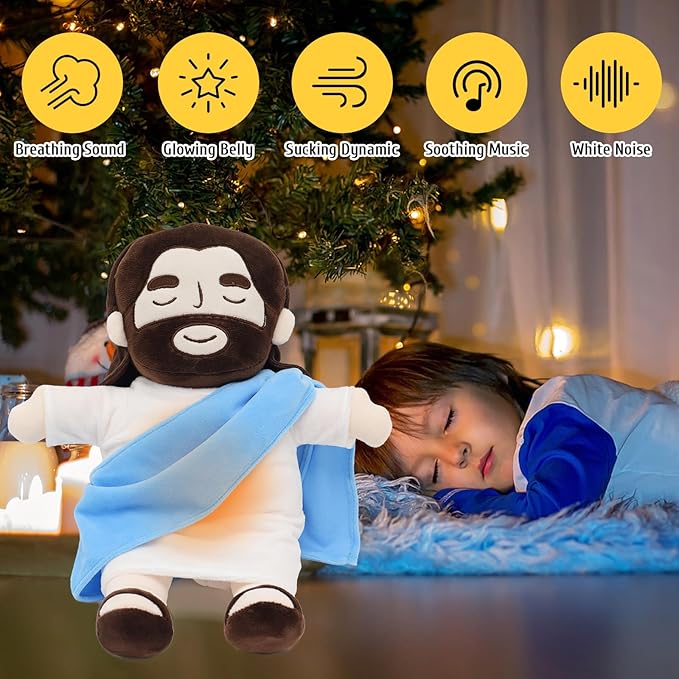 Officially Jesus Plush Breathing Soothing Stuffed Animal Heart of Jesus Toy Savior Doll for Church Sunday School Religious Easter Gift for Kids (Blue)