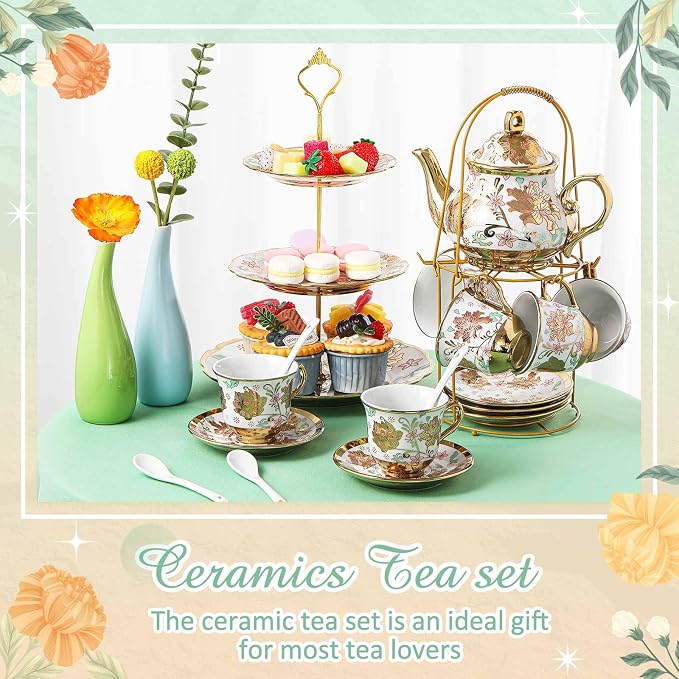 Maxcheck 21 Pcs Porcelain Tea Set for Women Tea Party with Metal Holder and 3 Tier Cake Stand Ceramic European Floral Teapot Set for Adults Mother's Day Christmas Thoughtful Gift(Classic Style)