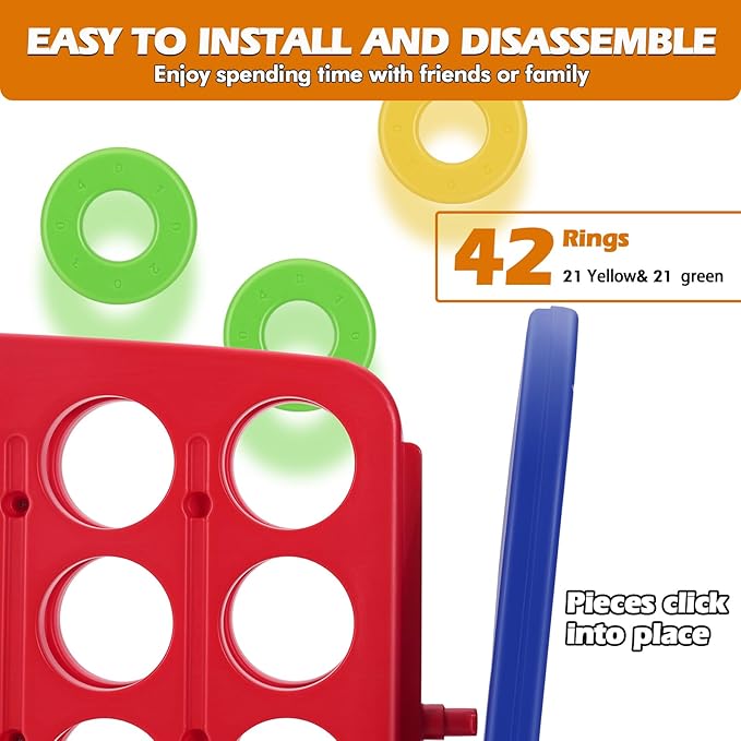 JOYLDIAS Jumbo 4-to-Score Giant Game Set, 4 in a Row Game with Ring Toss, Golf & More, 3.5FT Tall Indoor/Outdoor Connect Game with 42 Jumbo Rings & Quick-Release Slider, Holiday, Party & Family Games