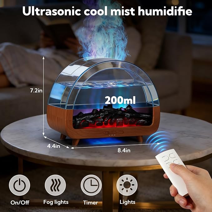 2 Pack Flame Essential Oil Diffuser 200ml Ultrasonic Cool Mist Humidifier 12 Colors LED Light with Remote Control Aromatherapy Diffuser for Home Bedroom Hotel Office Spa Yoga,Wooden Grain+Black