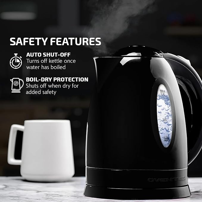 OVENTE Electric Kettle,1.7L Fast Boiling Water Heater for Coffee or Tea,BPA Free with Water Level Gauge,Auto Shut-Off,Boil-Dry Protection,Indicator Light and Removable Filter,Black KP72B,(Pack of 12)