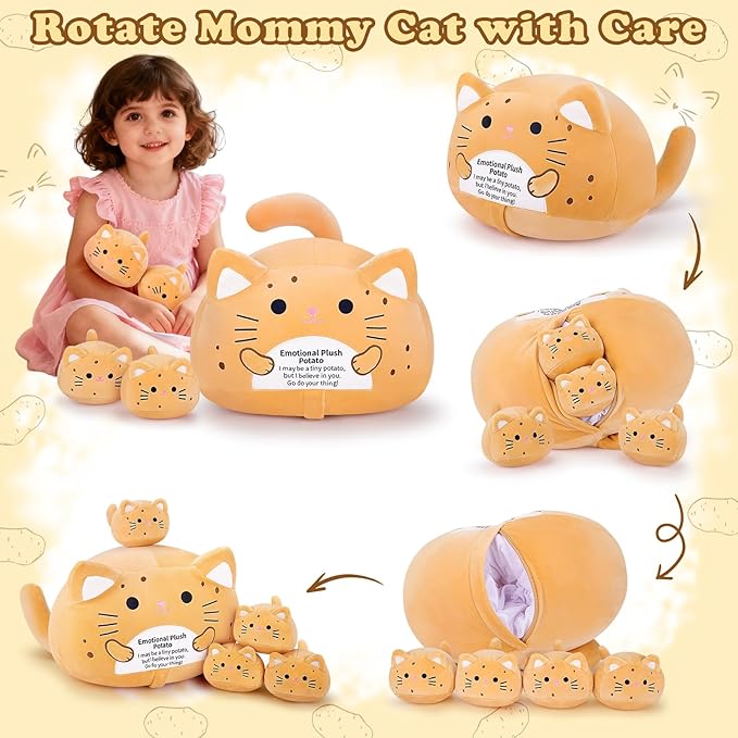 5 PCS Emotional Plush Potato Cat Stuffed Animal Family-19" Large Potato Cat Plush, Mommy Plushies with 4 Baby Kittens Plushies, Kawaii Pillow Christmas Birthday Gifts for Kids Boys Girls