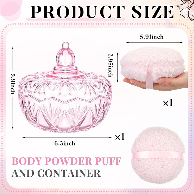 Tioncy 2 Pcs Extra Large Dusting Powder Puff and Container for Women-6'' Glass Crystal Dusting Powder Container with Body Soft Washable Reusable Velour Face(Pink,Pumpkin)