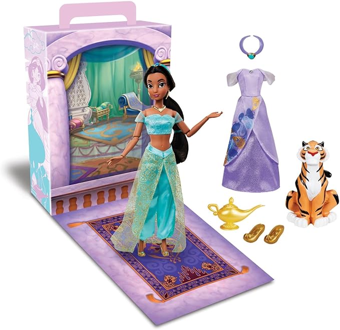 Disney Store Girl's Princess Story Doll (Jasmine from Aladdin) 11 Inches, Includes Coloring Book and Additional Dress, Princess Doll in Classic Outfit, Princess Toys