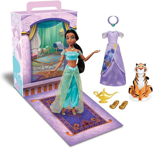 Disney Store Girl's Princess Story Doll (Jasmine from Aladdin) 11 Inches, Includes Coloring Book and Additional Dress, Princess Doll in Classic Outfit, Princess Toys
