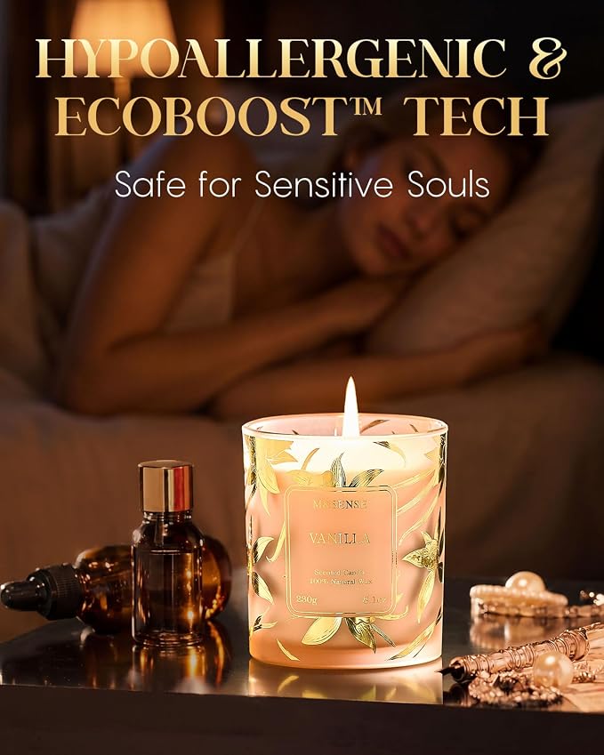 M&SENSE Vanilla Soy Candle, 8.1oz Gilded Glass, Cozy Candles Gift | 42H Long Burn, Warm Relax Home Fragrance, Non-Toxic, Warmer Safe, Reusable Jar, Sensitive-Friendly