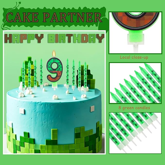 Pixels Themed 9th Birthday Candle, Pixels Cake Topper for Boys Girls, 9 Pcs Candle Set, Game Cartoon Theme Birthday Party Supplies (Number 9)