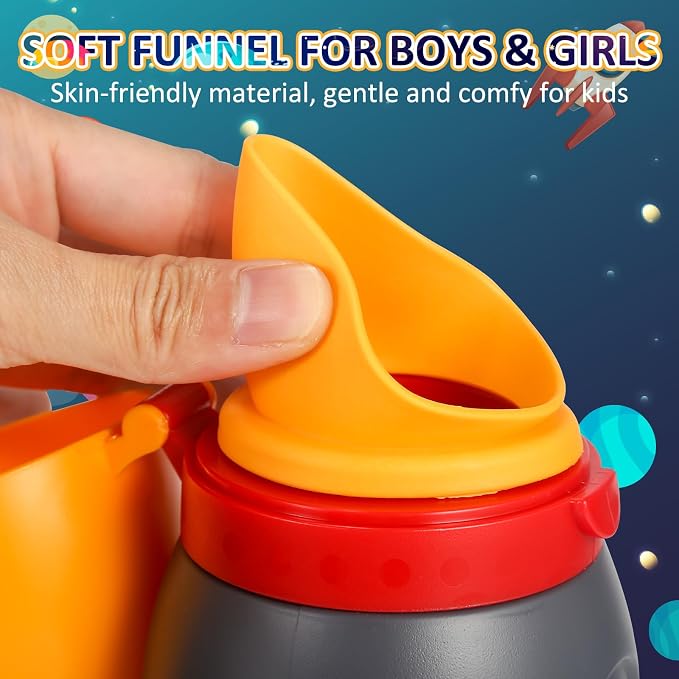 ONEDONE Portable Urinal for Kids Rocket Pee Bottle for Kids Emergency Toilet Urinal for Toddlers Boys Girls 12.5 OZ Small Pee Cup for Kids Camping Car Travel Potty Training Baby Urinal Orange