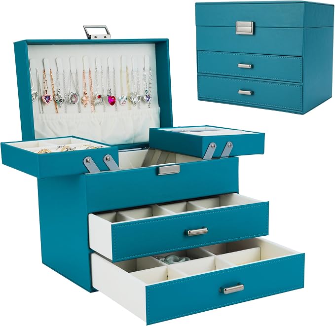 Jewelry Organizer Box, Large Jewelry Boxes for Girls, Space-Saving 4 Layers Jewelry Storage Case with Drawer, Gift for Women, PU Leather, Movable Metal Stand, Modern (Blue)