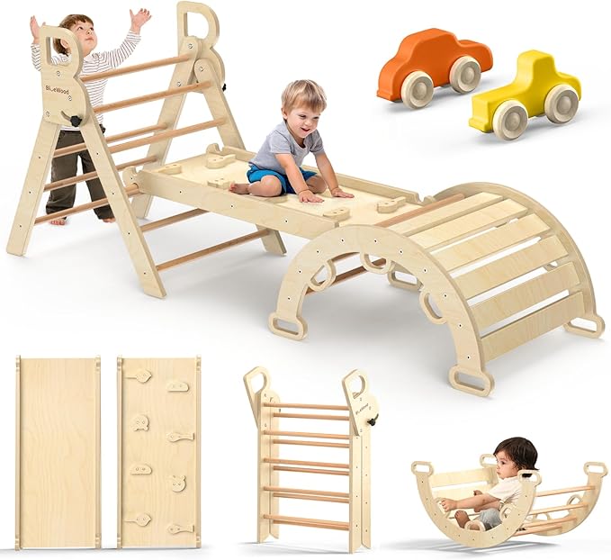 BlueWood Pikler Triangle Set with Safe Handle, Foldable 7-in-1 Montessori Toddler Climbing Toys Indoor, Wooden Pickler Climbing Set, Baby Jungle Gym & Playground, Climbing Toys for 1-3 Year, Natural