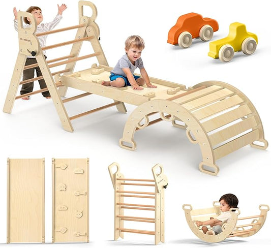 BlueWood Pikler Triangle Set with Safe Handle, Foldable 7-in-1 Montessori Toddler Climbing Toys Indoor, Wooden Pickler Climbing Set, Baby Jungle Gym & Playground, Climbing Toys for 1-3 Year, Natural