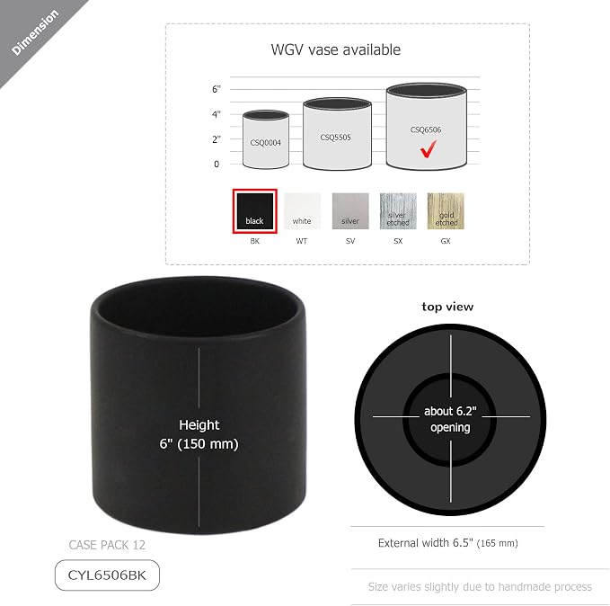 WGVI Matte Black Ceramic Cylinder Vase Width 6.5" Height 6", Flower Arrangements, Candle Holder, Terrarium Planter Pot, Storage Container Organizer, Pen Brush Holder, Modern Table top Decor, 6 Pc
