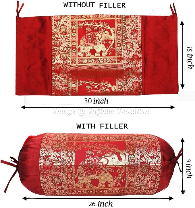 Ethnic Living Room Decorative Bolster Tube Pillow Covers Cylindrical Maroon Yoga Couch Round Cushion Cover Jacquard Weave Poly Dupion Silk Elephant Throw Pillow Case 30x15 inch (76x38cm) - 2 Pc.