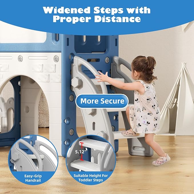 Glaf Toddler Slide 9 in 1 Outdoor Playset Indoor Playground Kids Baby Slides for Toddlers Age 1-3 Backyard with Climber Basketball Hoop Telescope Drawing Board and Storage Space (Blue)